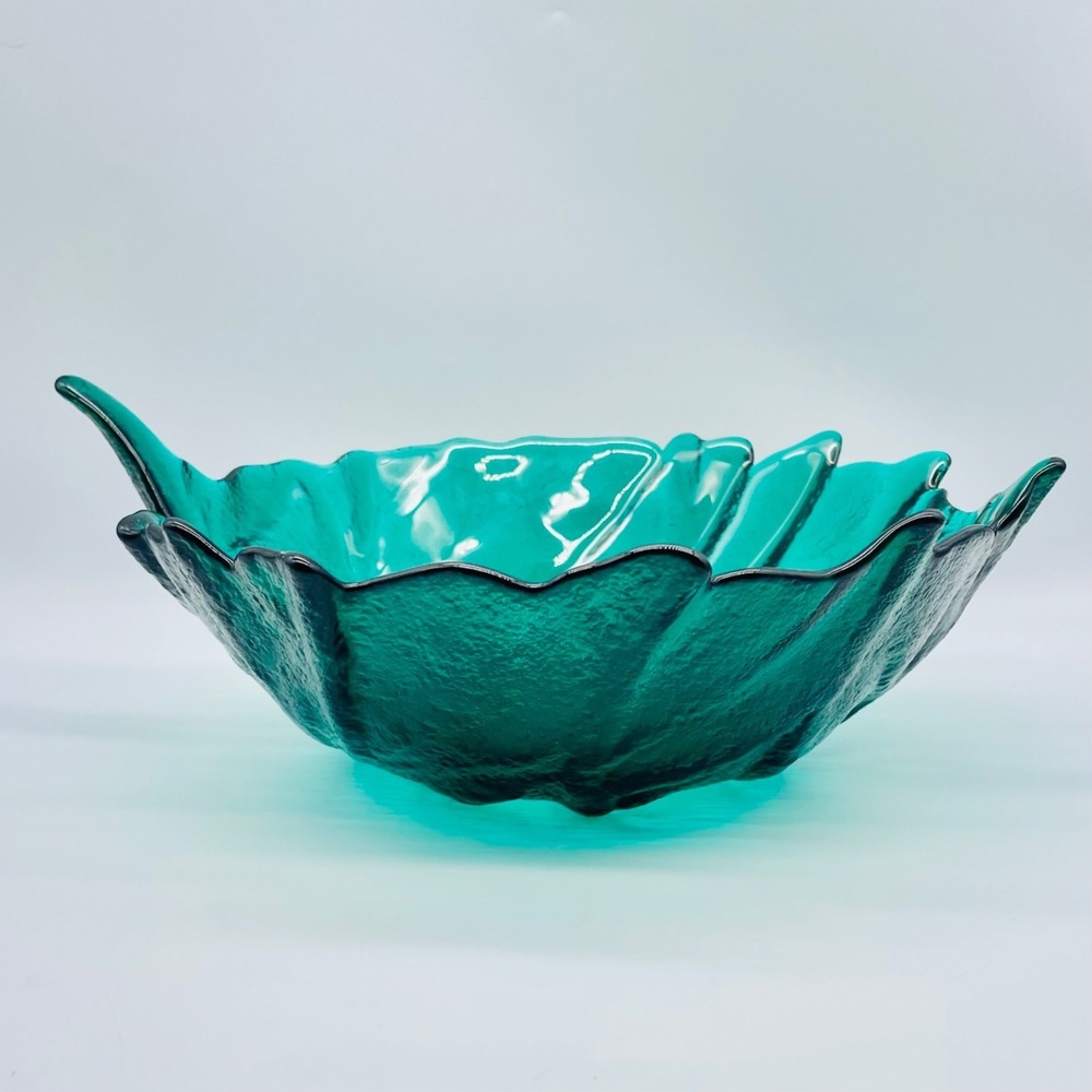 Blenko Art Glass Leaf Bowl Teal Green Textured Mid Century Modern 13" x 11" - Picture 2 of 6